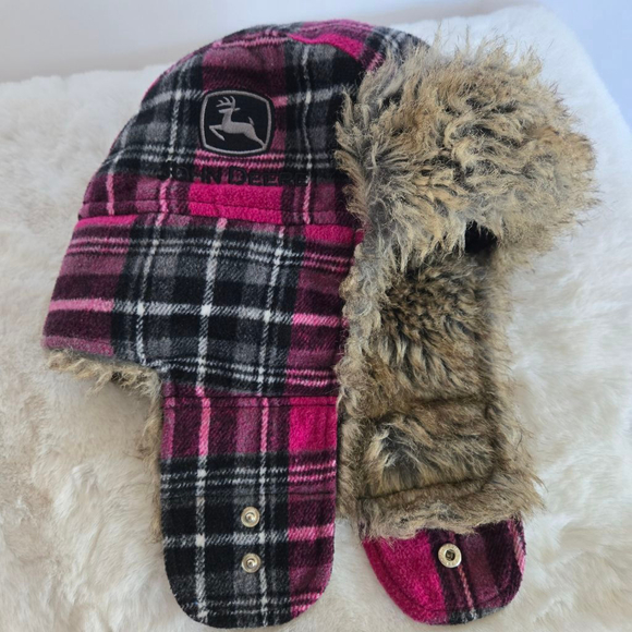 Women's John Deere Plaid Trapper Hat One Size Pink Black Faux Fur - Picture 12 of 12